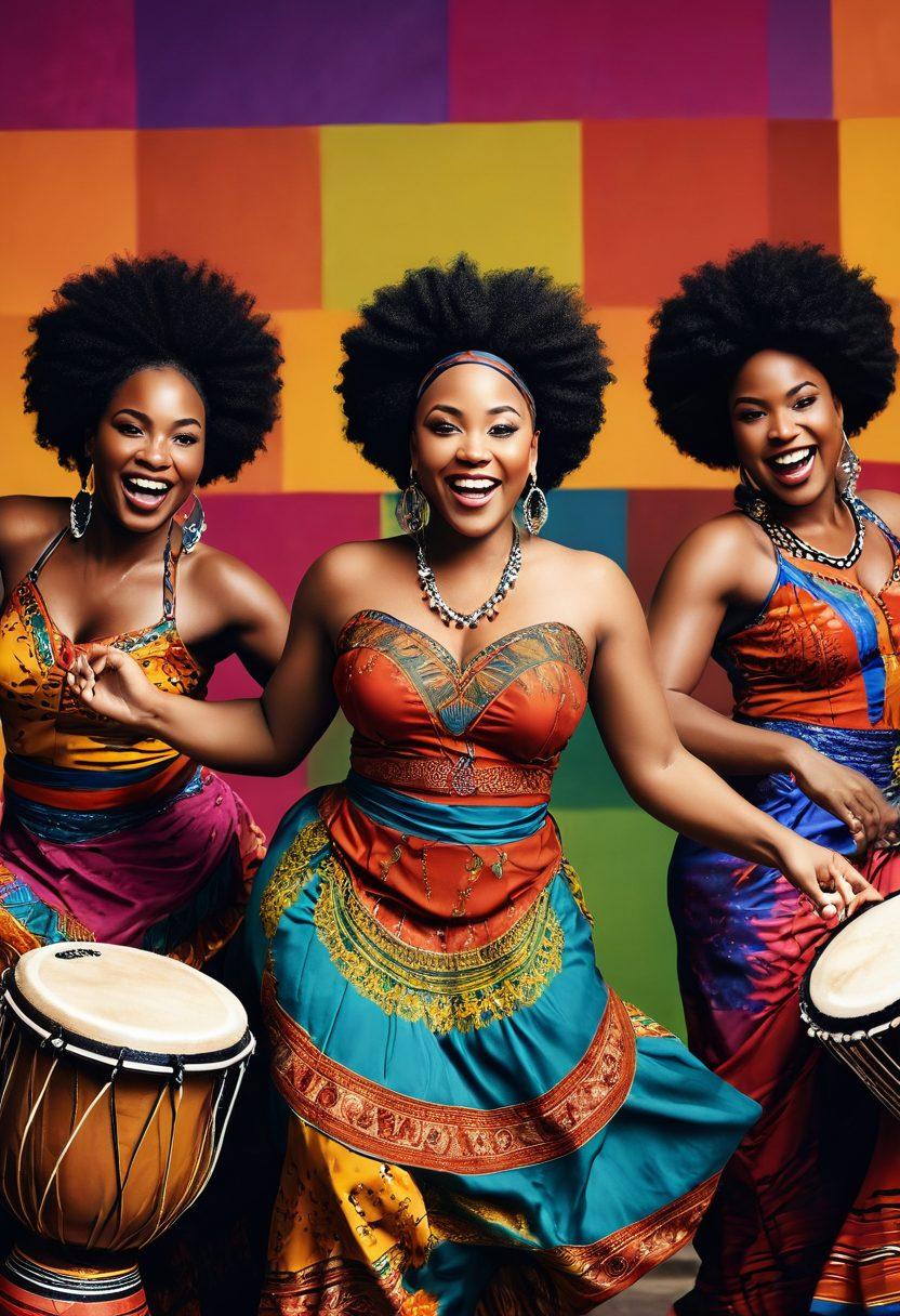 A joyful scene featuring diverse African American women of various body types dancing together, showcasing their curves in vibrant traditional attire. The background is a colorful celebration of African culture with drums and festive decorations. Their expressions reflect confidence and happiness, highlighting body positivity. The image captures movement with flowing fabrics and dynamic poses, emphasizing unity and celebration. super-realistic. vibrant colors. festival atmosphere.
