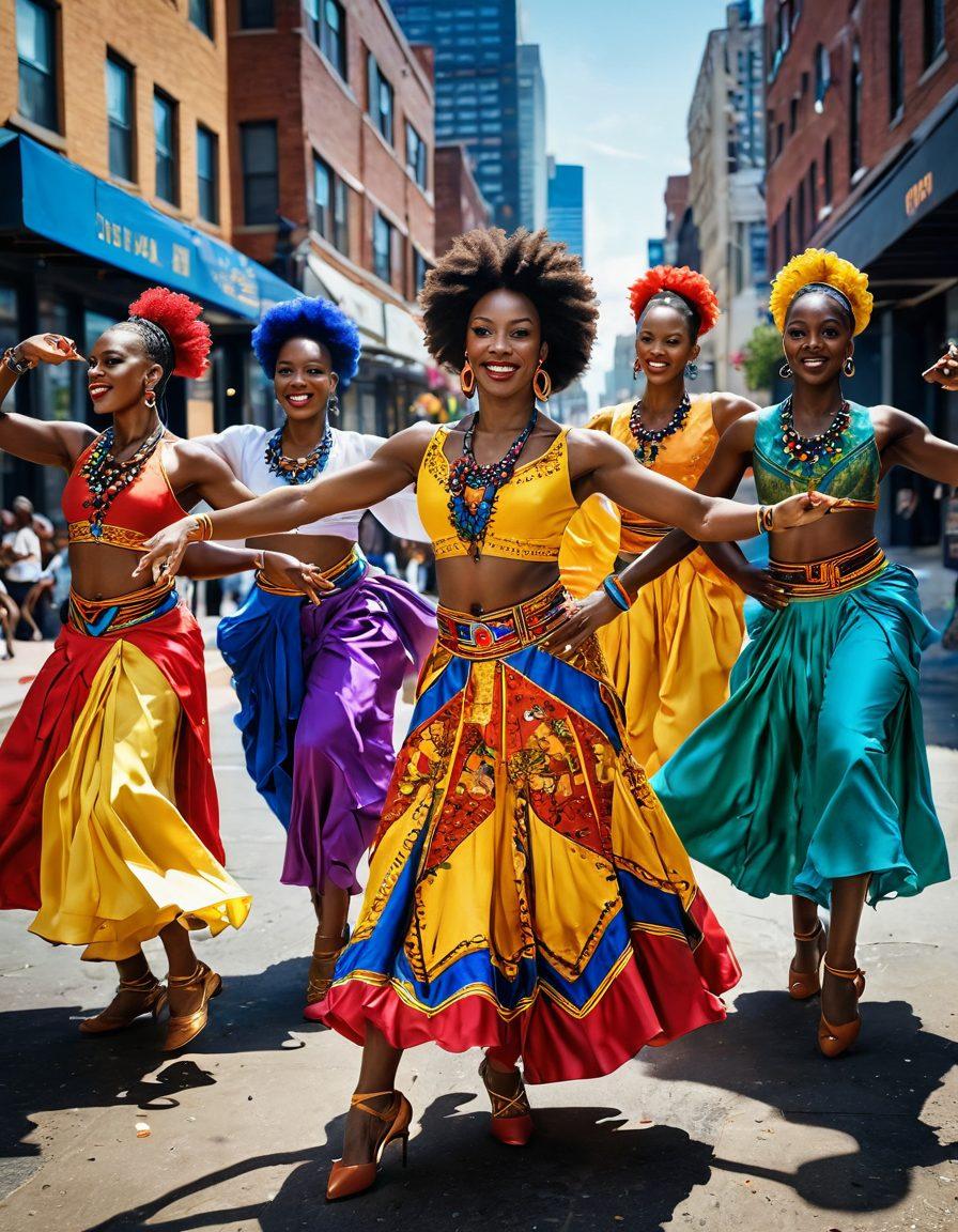 A vibrant scene depicting a diverse group of African American dancers in celebration, showcasing various traditional and contemporary dance styles. The dancers are dressed in colorful, intricate costumes, expressing joy and unity, against a backdrop of a lively urban environment. Incorporate elements of cultural symbols and textures that reflect African heritage. The atmosphere should radiate warmth, energy, and empowerment, enhancing the theme of beauty and community. super-realistic. vibrant colors. urban background.