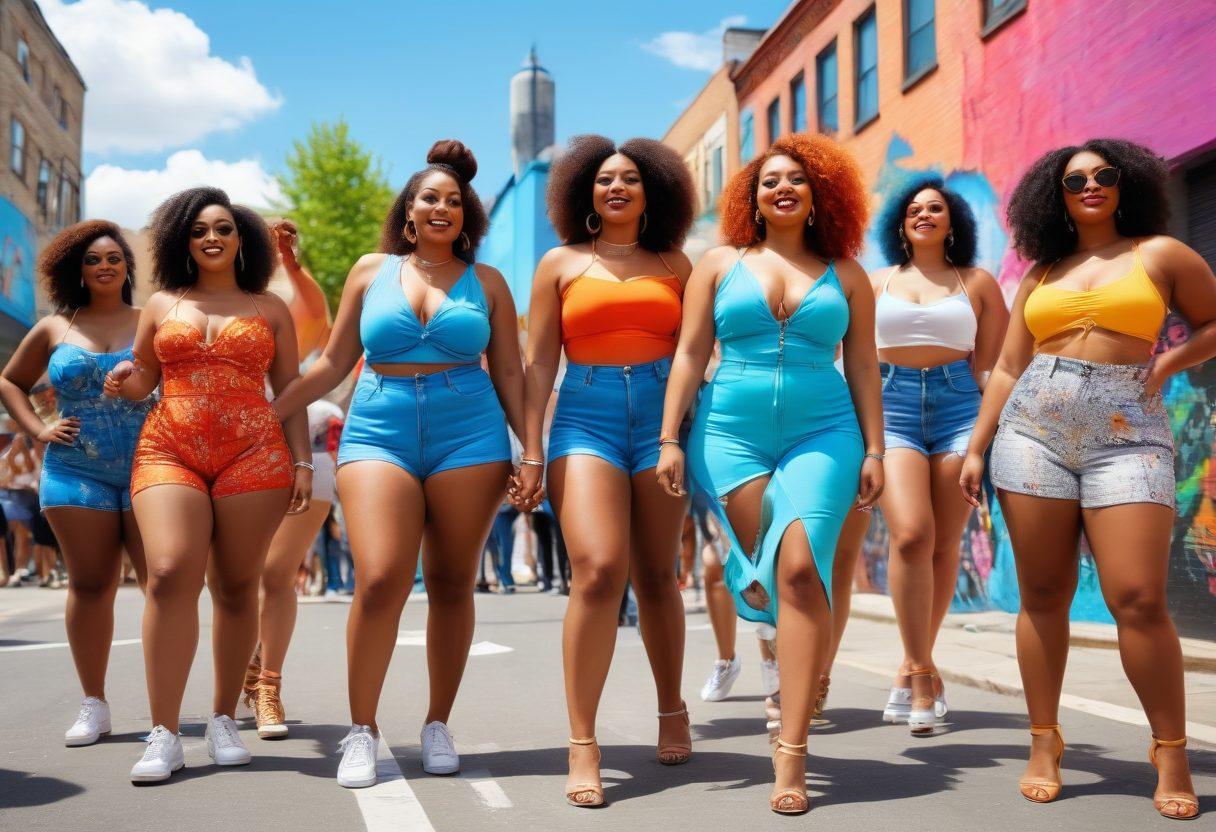 A lively urban scene showcasing diverse curvy individuals in stylish outfits celebrating life, with vibrant street art in the background. Include elements like music, dancing, and a colorful street festival atmosphere. Highlight the fusion of fashion and body positivity, with an emphasis on bold and unique styles. The sky is blue with sunny weather, radiating a cheerful vibe. super-realistic. vibrant colors. urban setting.